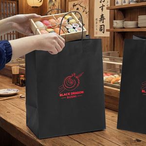 Sac en papier kraft japonais personnalisé, jetable, écologique, biodégradable, recyclable, avec poignées torsadées pour la vente à emporter en restaurant - Product Image 4
