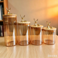 Pot en verre borosilicate ambré à rayures verticales, récipient de stockage alimentaire, pot de rangement en verre pour la cuisine avec couvercle en bambou tête de cerf