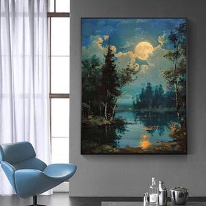 Pintura Abstracta de Paisaje Nocturno con Luna, Bosque y Lago, para Hogar y Galería - Product Image 5