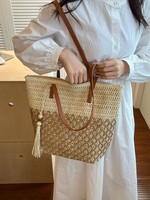 Sac fourre-tout grande capacité style vintage pour femme, idéal pour les vacances à la plage, nouvelle collection 2026, sac bandoulière tissé avec fermeture éclair et couleurs assorties