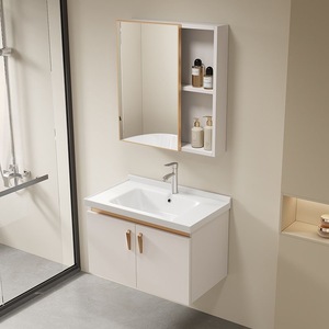 Nhà Máy Bán buôn kem-màu mở lưu trữ tủ phòng tắm với trang điểm gương phòng tắm Vanity gốm chậu rửa - Product Image 1