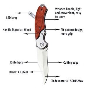 Couteau tactique pliant à lame fixe, manche en bois, idéal pour le bushcraft, la chasse, le camping, couteau de poche OEM avec lampe LED – Produit le plus vendu - Product Image 2