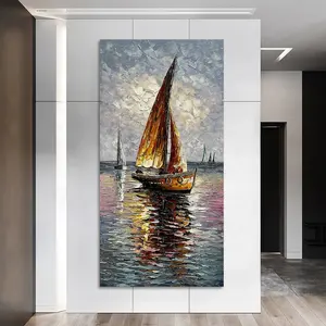 Sailboat 100% Hand-painted Oil Painting Modern Abstract Vertical Wall Art Sea Sailboat Acrylic Art Living Room Home Decoration