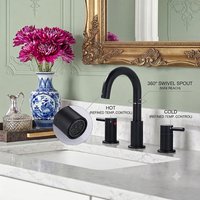 Grifo de lavabo de dos manijas, negro mate, de tres orificios, de 8 pulgadas de ancho, de latón, para proyecto hotelero