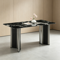 Table à manger rectangulaire de luxe, plateau en pierre microcristalline, placage en bois, base en acier inoxydable, mobilier moderne