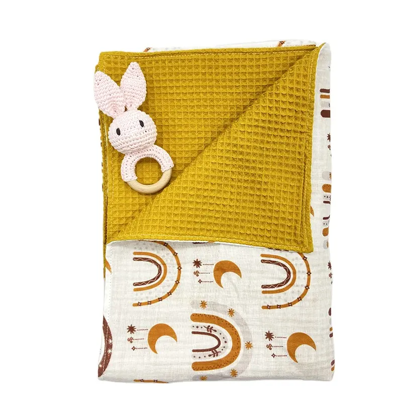 New Arrival 2 Layers Waffle Fabric Newborn Printed Patterns Quilt Organic Bamboo Cotton Baby Muslin Swaddle Blanket Wrap Set