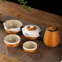 Service à thé artisanal texturé brûlé, vaisselle en bambou massif de qualité supérieure, ensemble cadeau de thé unique héritage oriental