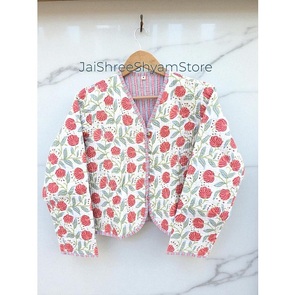 Hand Block Printed Cotton Quilted <b>Jacket</b> Traditional Handmade Outerwear Comfortable Lightweight Layering For All Seasons - Product Image 1
