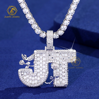 Ciondolo con Lettera JT in Moissanite VVS Personalizzabile con Logo Gratuito, Vintage, a Forma di Colomba della Pace e Fiore Rosa, in Argento 925, Taglio Brillante, Placcato Rodio, Stile Hip-Hop