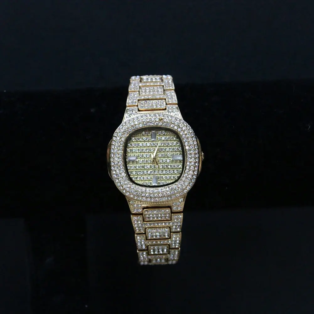 Hot selling aluminum alloy hip hop jewelry 18K Gold ordinary watch CZ