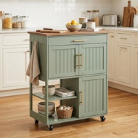 Chariot de service mobile vert sauge pour salle à manger, chariot de rangement en bois pour îlots de cuisine avec roulettes