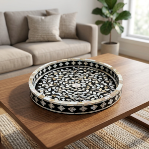 Elegant Floral Mother Pearl <b>Wood</b> Handicraft Solid Pattern Multi-piece Serving <b>Tray</b> Dishwasher Microwave Safe for Home Use-Falak - Product Image 1