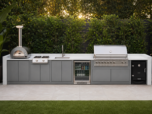 Gabinetes de <span class=keywords><strong>Cocina</strong></span> Modernos para Exteriores en Acero Inoxidable 304 Color Gris Shaker, Encimera de Piedra Sinterizada, Isla Multifuncional para Barbacoa - Product Image 1