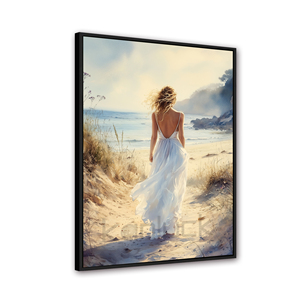 Stampa d'Arte Moderna con Stampa Digitale ad Acquerello <span class=keywords><strong>di</strong></span> Ritratto <span class=keywords><strong>di</strong></span> Donna in Abito Bianco che Cammina verso il Mare al Tramonto con Cornice 40x50cm - Product Image 2
