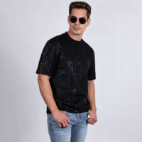 T-shirt à paillettes de qualité supérieure, col rond, coupe décontractée, tissu extensible, manches courtes, coton double mercerisé ultra-doux