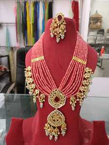 Designer <b>Long</b> Necklace Set <b>Earrings</b> Handcrafted Polish Brass Bridal Jewelry for Wedding Engagement Party Celebration - Product Image 5