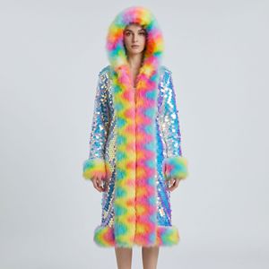 Cappotto Lungo da Donna in Pelliccia Sintetica con Paillettes Lucide Arcobaleno, Stile Punk Y2K, con Cappuccio, per Feste e Spettacoli Invernali, <span class=keywords><strong>Giacca</strong></span> Patchwork Color Block - Product Image 6