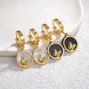 Pendientes de Aro de Mariposa Vintage de Acero Inoxidable Dorado, Pendientes de Aro Redondos Geométricos Blancos y Negros para Mujer, Joyería de Playa, Regalo - Product Image 1