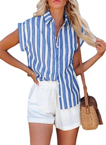 Blus Wanita Diskon Besar Garis Hitam Putih Kantor Wanita Elegan Bergaris Lengan Pendek Kancing Tunggal - Product Image 2