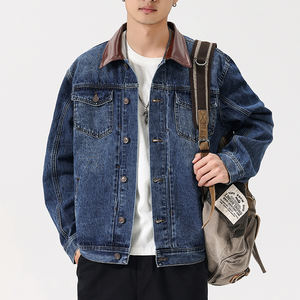 Fournisseur en gros Veste en jean pour <span class=keywords><strong>homme</strong></span>, bleu délavé classique, style trucker, col en cuir contrastant, veste de travail décontractée - Product Image 2