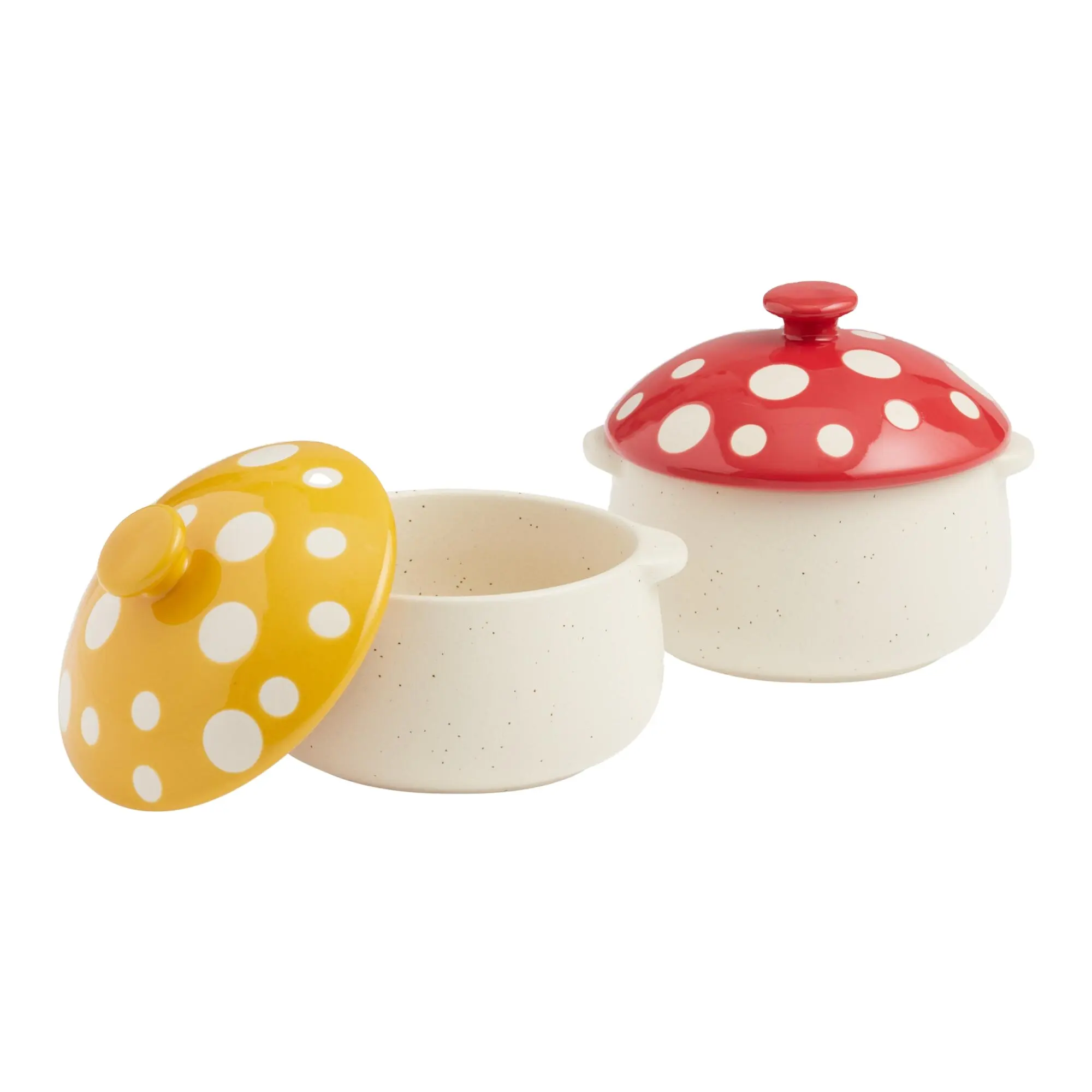 Set Of 2 Cute Speckled Ceramic Lidded Mushroom Soup Crocks