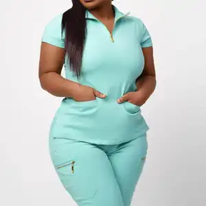 Female 2024 New Style Fashion Zipper Pullover Nurse Top Uniforms Set Stretch Hospital Jogger Wholesale Medical Uniform