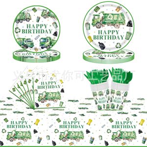 Watercolor Garbage Truck Party Theme Disposable Tableware Set For Birthday Parties Children's Eco-friendly Design - Product Image 1
