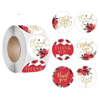 Rollo de Pegatinas Redondas con Flores Rojas y Lámina Dorada, Pegatinas de Agradecimiento para Sellar Sobres, Envoltorios de Regalos, Ecológicas, con Fuerte Adhesión