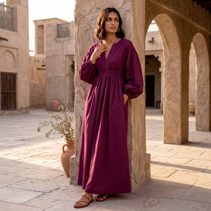 <b>Women</b> Burgundy Plain Cotton <b>Linen</b> V Neck Lantern Full Sleeve Maxi <b>Dress</b> Elastic Waist A-Line Boho Flowy Casual Summer <b>Dress</b> - Product Image 1