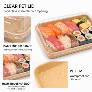 Boîte à sushi jetable en kraft avec couvercle en PET et fenêtre transparente, emballage alimentaire à emporter pour restaurant de sushi, bols et assiettes en papier - Product Image 3