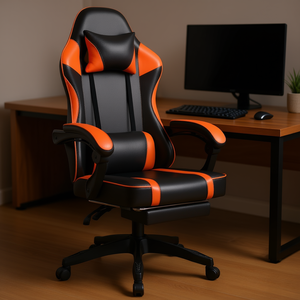 Silla de Juego Naranja de Cuero PU, Giratoria 360°, con Almohada Lumbar y Reposapiés para Adultos - Product Image 2