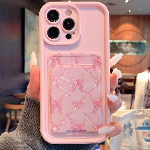 Cute Bowknot Momen Mobile Phone case for iPhone 16 15 17 Pro Max 14 13 12 Shell Candy Color Coque Back Cover with Card Holder