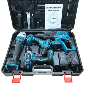 Set Kombo alat listrik tanpa kabel, Set Kombo 4 buah dalam 1 Impact Wrench Angle grinder palu alat listrik Set Kit kombo