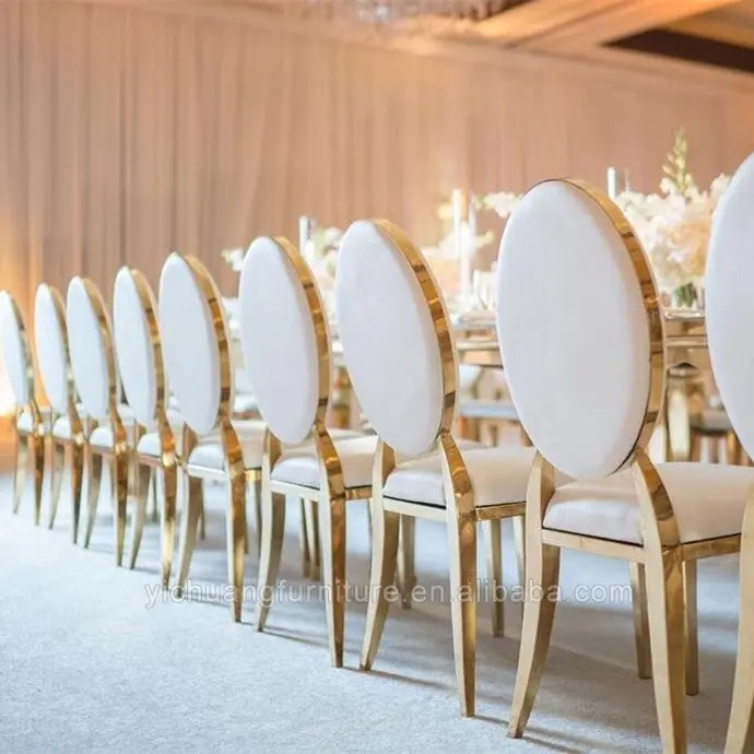 Neues Design ovaler Rücken im Freien weißes Leder Edelstahl Gold Hochzeits stuhl
