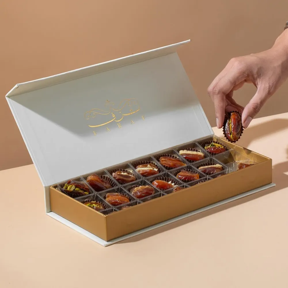 Luxo personalizado árabe doce dubai eid ramadã datas caja caixa de presente de chocolate embalagem para datas do Ramadã