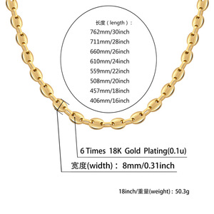 <span class=keywords><strong>Chaîne</strong></span> en acier inoxydable 8 mm sans ternissement, plaquée <span class=keywords><strong>or</strong></span> 18 carats, collier en acier inoxydable massif en forme <span class=keywords><strong>de</strong></span> <span class=keywords><strong>grain</strong></span> <span class=keywords><strong>de</strong></span> <span class=keywords><strong>café</strong></span> pour femmes et hommes - Product Image 2