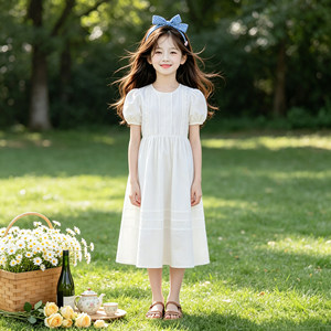 Vestito da bambina in cotone morbido bianco stile francese, abito da principessa <span class=keywords><strong>chic</strong></span> per bambine con gonna lunga e maniche a palloncino, per bambine più grandi - Product Image 4