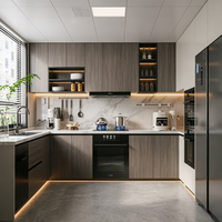 Ensemble d'armoires de cuisine blanches modernes avec intégration de four et bande lumineuse LED à LED intégrée pour la partie inférieure des meubles, idéal pour les cuisines modulaires modernes.