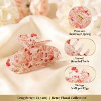 Pince à cheveux esthétique 9 cm en acrylique à imprimé floral, avec poignée en résine brillante, design coquille, confortable, incassable, pour femme, idéale pour les fêtes, en carton