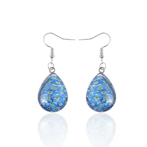 Fashion Rose Sunflower Glass Dangle Earrings Boho Red Blue Flower Water Drop Earrings For Women Jewlery Gifts