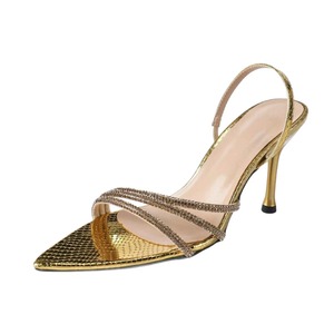 Women's Stiletto Heels Sandals Snakeskin Pattern Rhinestone-Strapped with Back <b>Pull</b> Tab (Gold) Ladies Sexy Pumps - Product Image 1