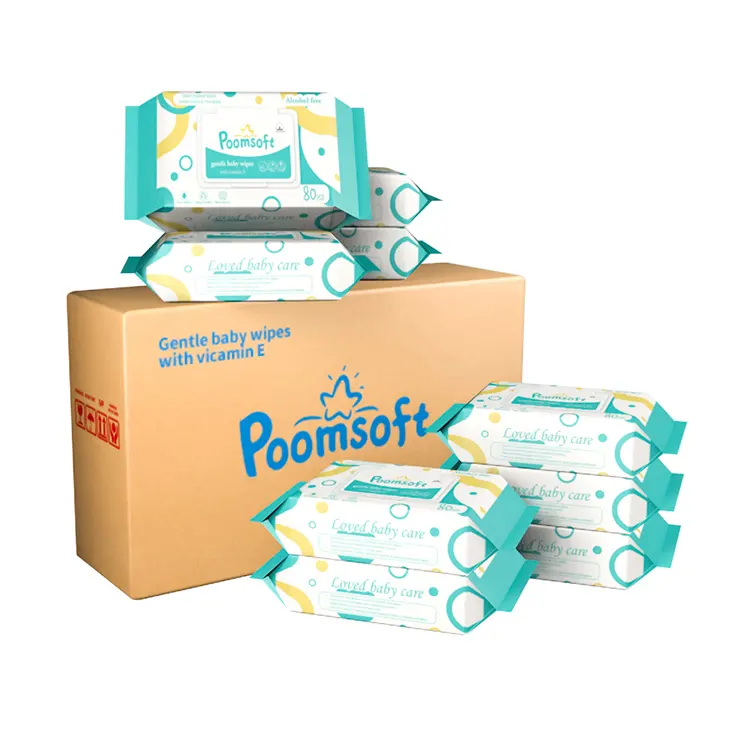 مناديل مبللة Poomsoft للبيع بالجملة قابلة للتحلل 80 مناديل مياه مبللة للأطفال