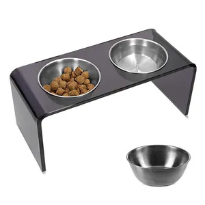Rectangle Black Acrylic Dog Bowl Stand Free Standing Acrylic Cat Bowl Holder For Home