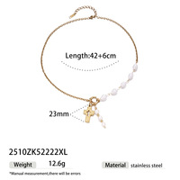 Collier pour femme Bowei, style européen et américain, en acier inoxydable électroplaqué, luxe léger, niche, imitation perle, croix, clavicule