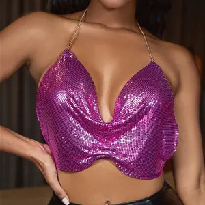 YX1610 new design shiny rose-red metal sequins pleated halter sexy top for party club