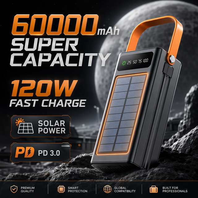 New Large Capacity Portable 100000mAh 22.5W Fast-Charging 4 USB Type-C Ports Built-in Cable Flashlight Solar Outdoor Power Bank