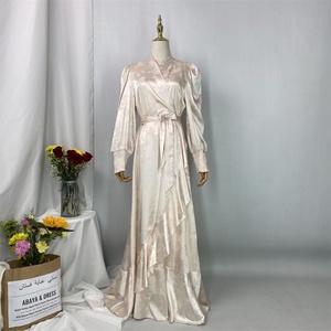 Fashion Modest Women Muslim <b>Dress</b> V-Neck Pleated Design Pretty Flowers Print Satin Islamic Turkey <b>Dress</b> 6572# - Product Image 6