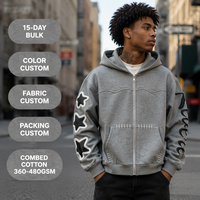 Sweat à capuche streetwear pour homme personnalisé en molleton épais gris chiné 380 GSM, entièrement zippé, avec patch étoile et impression en relief, coutures ondulées