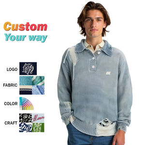 Suéter de punto rasgado elegante Vintage ODM y OEM personalizado para hombre, suéter informal clásico con flecos antiguos y cuello POLO, ropa de calle - Product Image 1