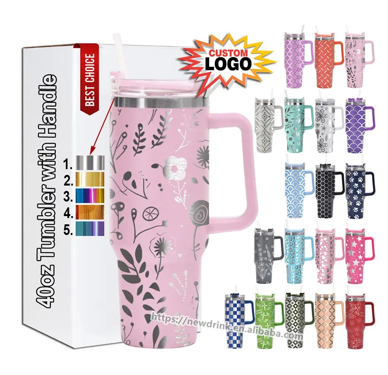 Personalizzato Personalizzato Laser Inciso Fiore di Erba Senza Senza Coppe 40 oz in Acciaio Inox Tumbler con Manico e Paglia